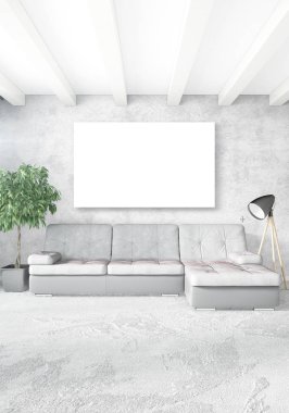 Dikey modern iç yatak odası veya oturma odası eklektik duvar ve boş çerçeve çizim boşaltmak için. 3D render