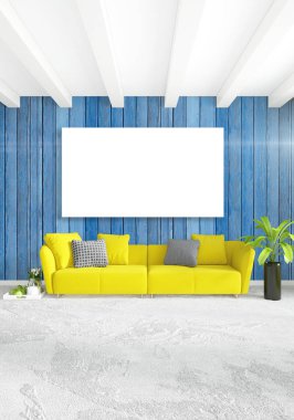 Dikey modern iç yatak odası veya oturma odası eklektik duvar ve boş çerçeve çizim boşaltmak için. 3D render