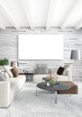 Dikey modern iç yatak odası veya oturma odası eklektik duvar ve boş çerçeve çizim boşaltmak için. 3D render