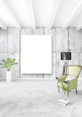 Dikey modern iç yatak odası veya oturma odası eklektik duvar ve boş çerçeve çizim boşaltmak için. 3D render