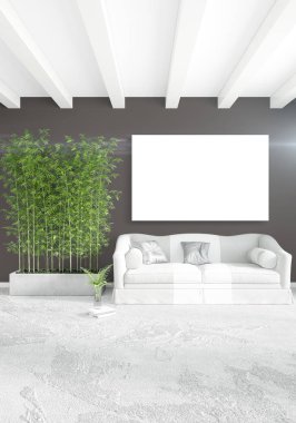 Dikey modern iç yatak odası veya oturma odası eklektik duvar ve boş çerçeve çizim boşaltmak için. 3D render