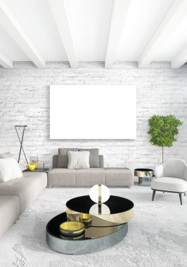 Dikey modern iç yatak odası veya oturma odası eklektik duvar ve boş çerçeve çizim boşaltmak için. 3D render