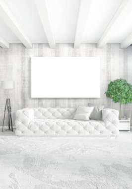 Dikey modern iç yatak odası veya oturma odası eklektik duvar ve boş çerçeve çizim boşaltmak için. 3D render