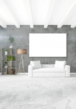 Dikey modern iç yatak odası veya oturma odası eklektik duvar ve boş çerçeve çizim boşaltmak için. 3D render