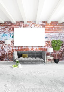 Dikey modern iç yatak odası veya oturma odası eklektik duvar ve boş çerçeve çizim boşaltmak için. 3D render