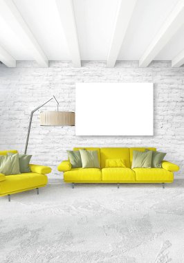 Dikey modern iç yatak odası veya oturma odası eklektik duvar ve boş çerçeve çizim boşaltmak için. 3D render