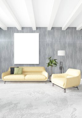 Dikey modern iç yatak odası veya oturma odası eklektik duvar ve boş çerçeve çizim boşaltmak için. 3D render