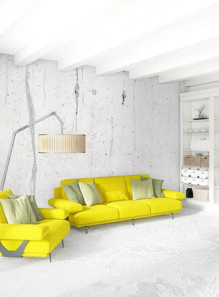 Modern çatı iç yatak odası veya oturma odası alanı ile eklektik duvar ile. 3D render.