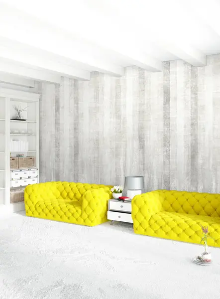 Modern çatı iç yatak odası veya oturma odası alanı ile eklektik duvar ile. 3D render.