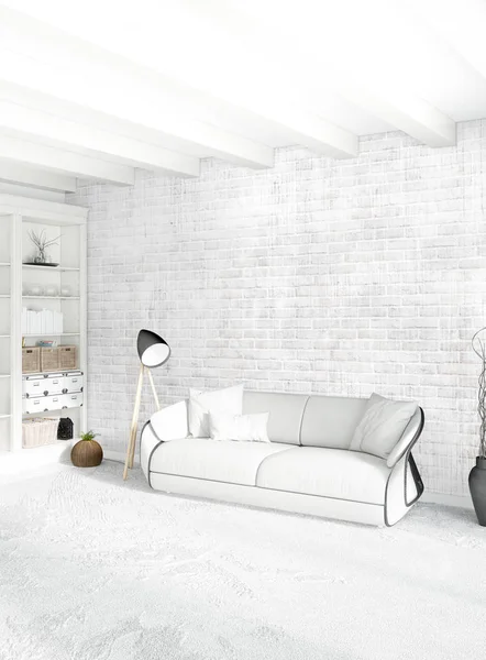 Modern çatı iç yatak odası veya oturma odası alanı ile eklektik duvar ile. 3D render.