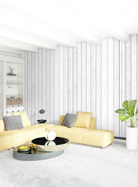 Modern çatı iç yatak odası veya oturma odası alanı ile eklektik duvar ile. 3D render.