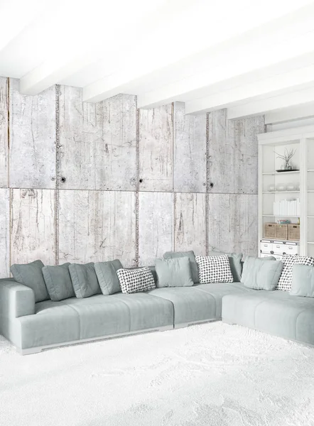 Modern çatı iç yatak odası veya oturma odası alanı ile eklektik duvar ile. 3D render.