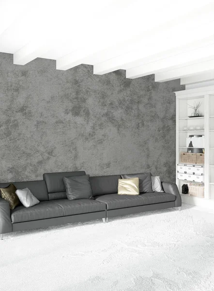 Modern çatı iç yatak odası veya oturma odası alanı ile eklektik duvar ile. 3D render.