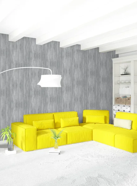 Modern çatı iç yatak odası veya oturma odası alanı ile eklektik duvar ile. 3D render.