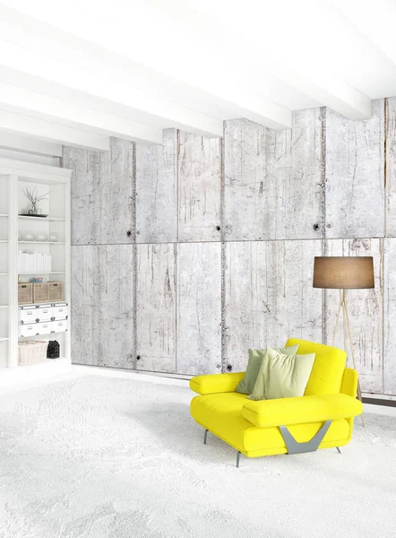 Modern çatı iç yatak odası veya oturma odası alanı ile eklektik duvar ile. 3D render.