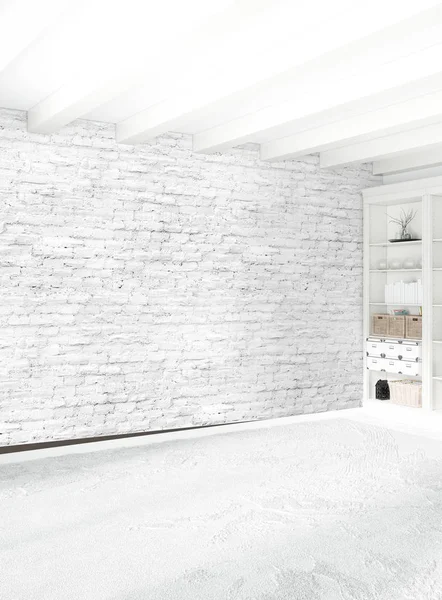 Modern çatı iç yatak odası veya oturma odası alanı ile eklektik duvar ile. 3D render.