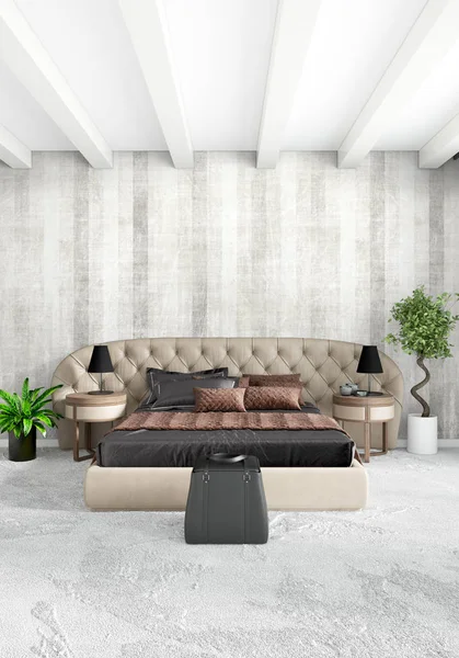 Modern çatı iç yatak odası veya oturma odası alanı ile eklektik duvar ile. 3D render.