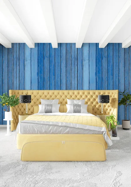 Modern çatı iç yatak odası veya oturma odası alanı ile eklektik duvar ile. 3D render.