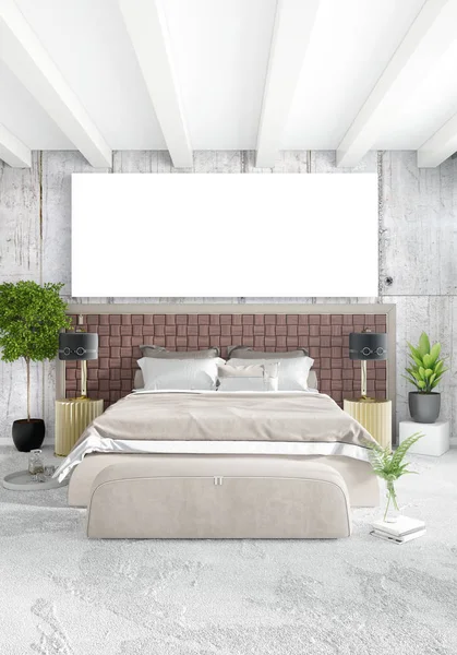 Vertikální moderní interiér ložnice nebo obývací pokoj s eklektickou zdi a prázdný rám pro copyspace kreslení. 3D vykreslování — Stock fotografie