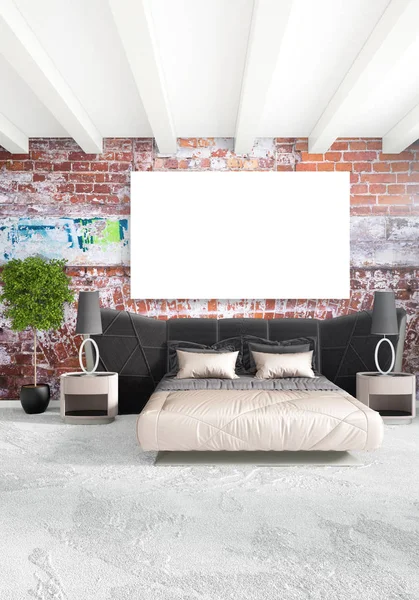 Dikey modern iç yatak odası veya oturma odası eklektik duvar ve boş çerçeve çizim boşaltmak için. 3D render