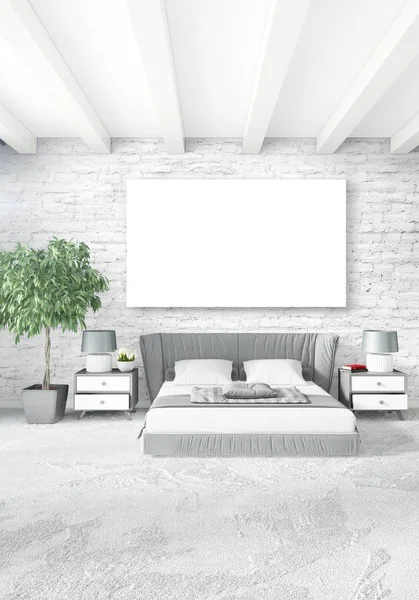 Dikey modern iç yatak odası veya oturma odası eklektik duvar ve boş çerçeve çizim boşaltmak için. 3D render