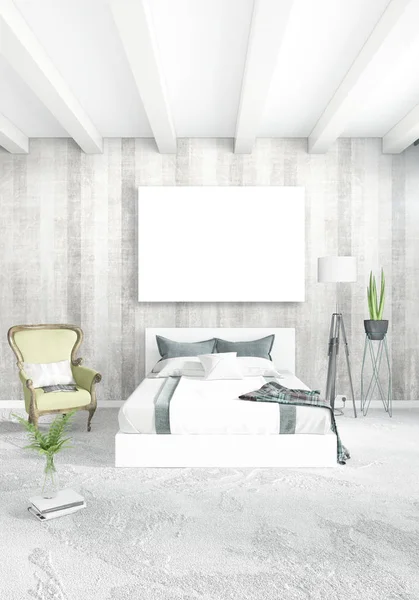 Vertikální moderní interiér ložnice nebo obývací pokoj s eklektickou zdi a prázdný rám pro copyspace kreslení. 3D vykreslování — Stock fotografie