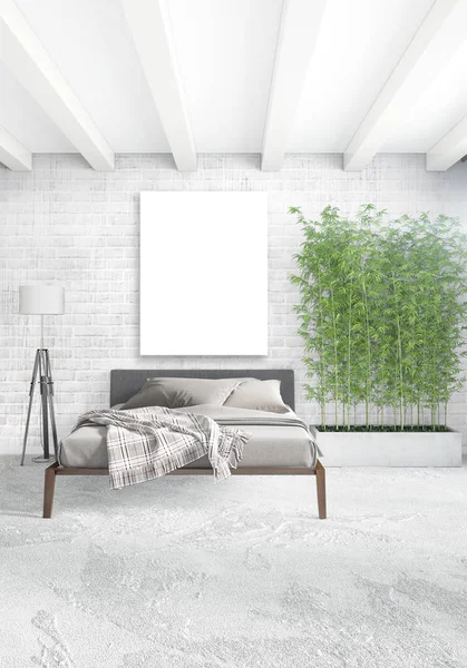Κάθετη σύγχρονων Εσωτερικών υπνοδωμάτιο ή σαλόνι με εκλεκτική τοίχο και άδειο πλαίσιο για copyspace σχέδιο. 3D rendering — Φωτογραφία Αρχείου