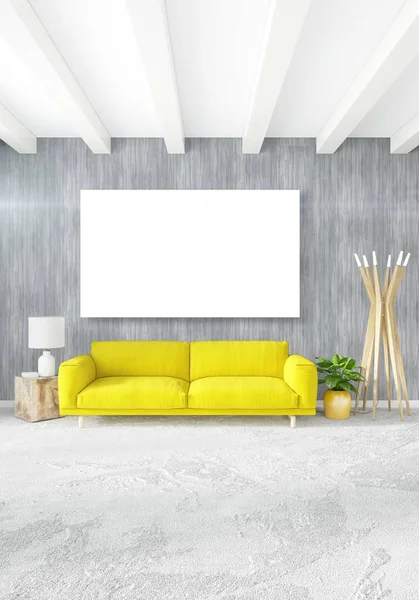 Vertikale moderne Innenraum Schlafzimmer oder Wohnzimmer mit eklektischer Wand und leerem Rahmen für Copyspace-Zeichnung. 3D-Darstellung — Stockfoto