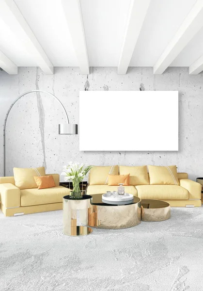 Dikey modern iç yatak odası veya oturma odası eklektik duvar ve boş çerçeve çizim boşaltmak için. 3D render