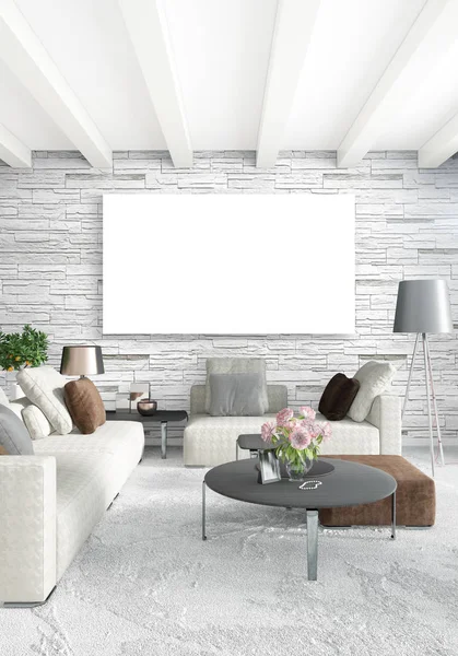 Dikey modern iç yatak odası veya oturma odası eklektik duvar ve boş çerçeve çizim boşaltmak için. 3D render