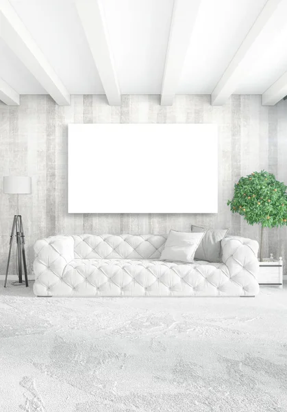 Dikey modern iç yatak odası veya oturma odası eklektik duvar ve boş çerçeve çizim boşaltmak için. 3D render