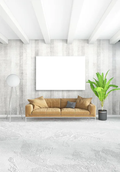 Κάθετη σύγχρονων Εσωτερικών υπνοδωμάτιο ή σαλόνι με εκλεκτική τοίχο και άδειο πλαίσιο για copyspace σχέδιο. 3D rendering — Φωτογραφία Αρχείου