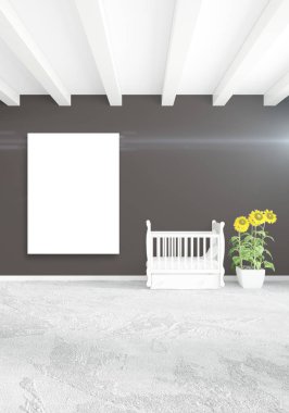 Dikey modern iç yatak odası veya oturma odası eklektik duvar ve boş çerçeve çizim boşaltmak için. 3D render