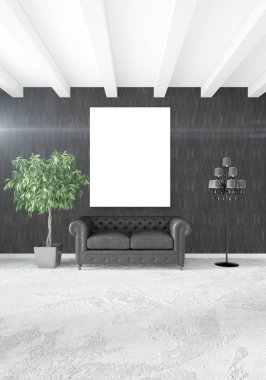 Dikey modern iç yatak odası veya oturma odası eklektik duvar ve boş çerçeve çizim boşaltmak için. 3D render