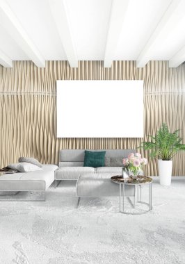 Dikey modern iç yatak odası veya oturma odası eklektik duvar ve boş çerçeve çizim boşaltmak için. 3D render