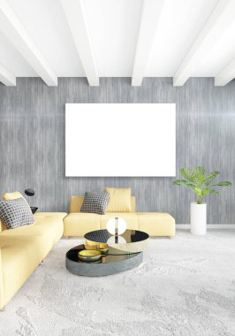 Dikey modern iç yatak odası veya oturma odası eklektik duvar ve boş çerçeve çizim boşaltmak için. 3D render