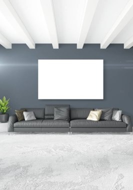 Dikey modern iç yatak odası veya oturma odası eklektik duvar ve boş çerçeve çizim boşaltmak için. 3D render