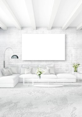 Dikey modern iç yatak odası veya oturma odası eklektik duvar ve boş çerçeve çizim boşaltmak için. 3D render