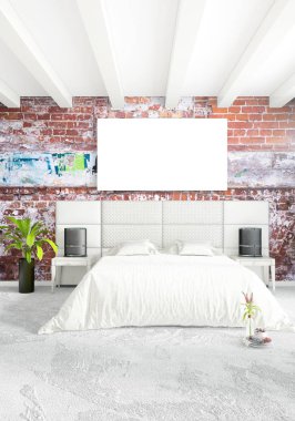 Dikey modern iç yatak odası veya oturma odası eklektik duvar ve boş çerçeve çizim boşaltmak için. 3D render