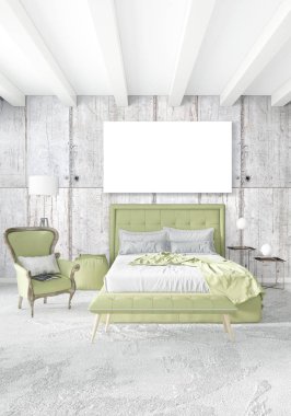 Dikey modern iç yatak odası veya oturma odası eklektik duvar ve boş çerçeve çizim boşaltmak için. 3D render