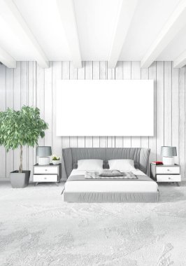 Dikey modern iç yatak odası veya oturma odası eklektik duvar ve boş çerçeve çizim boşaltmak için. 3D render