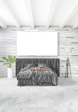 Dikey modern iç yatak odası veya oturma odası eklektik duvar ve boş çerçeve çizim boşaltmak için. 3D render