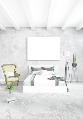 Dikey modern iç yatak odası veya oturma odası eklektik duvar ve boş çerçeve çizim boşaltmak için. 3D render