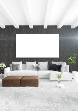 Dikey modern iç yatak odası veya oturma odası eklektik duvar ve boş çerçeve çizim boşaltmak için. 3D render