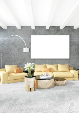 Dikey modern iç yatak odası veya oturma odası eklektik duvar ve boş çerçeve çizim boşaltmak için. 3D render