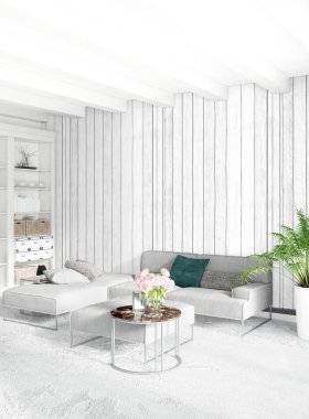 Modern çatı iç yatak odası veya oturma odası alanı ile eklektik duvar ile. 3D render.