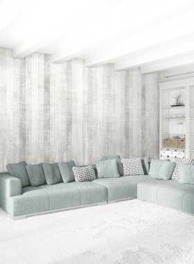 Modern çatı iç yatak odası veya oturma odası alanı ile eklektik duvar ile. 3D render.