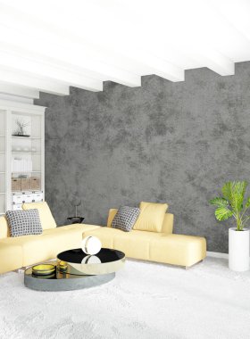 Modern çatı iç yatak odası veya oturma odası alanı ile eklektik duvar ile. 3D render.