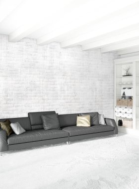 Modern çatı iç yatak odası veya oturma odası alanı ile eklektik duvar ile. 3D render.