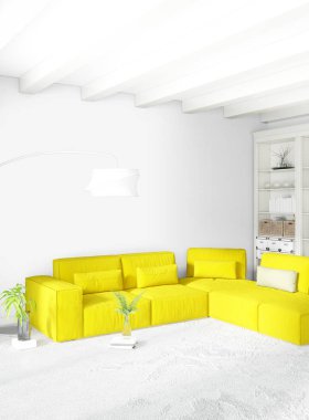 Modern çatı iç yatak odası veya oturma odası alanı ile eklektik duvar ile. 3D render.